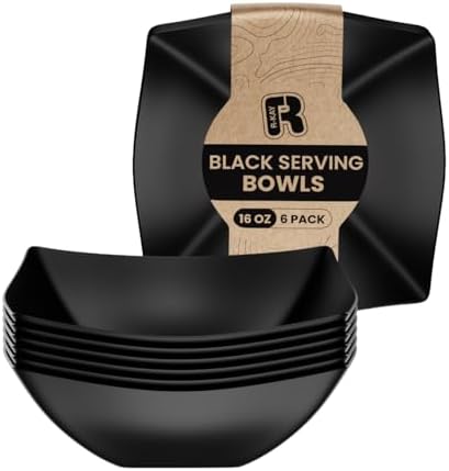6 Pack Black Square Plastic Serving Bowls - Black Plastic bowls 16 Oz - Disposable Serving Bowls - Premium Bowls