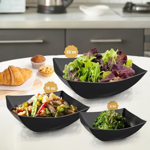 6 Pack Black Square Plastic Serving Bowls - Black Plastic bowls 16 Oz - Disposable Serving Bowls - Premium Bowls, alternate