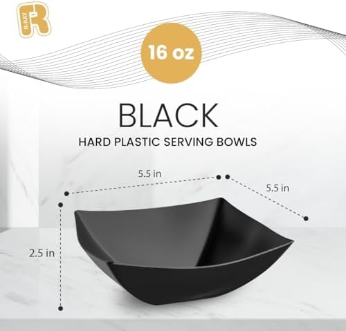 6 Pack Black Square Plastic Serving Bowls - Black Plastic bowls 16 Oz - Disposable Serving Bowls - Premium Bowls, alternate