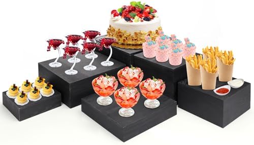 6 Pack Black Wooden Buffet Risers Display Stands, Wooden Stackable Display Box Rustic Cupcake Display Stand for