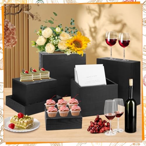 6 Pack Black Wooden Buffet Risers Display Stands, Wooden Stackable Display Box Rustic Cupcake Display Stand for, alternate