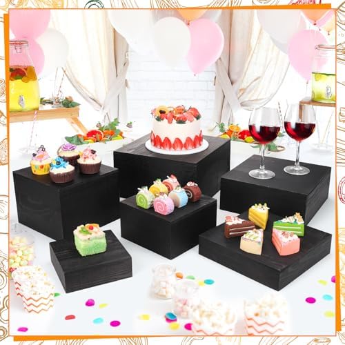 6 Pack Black Wooden Buffet Risers Display Stands, Wooden Stackable Display Box Rustic Cupcake Display Stand for, alternate