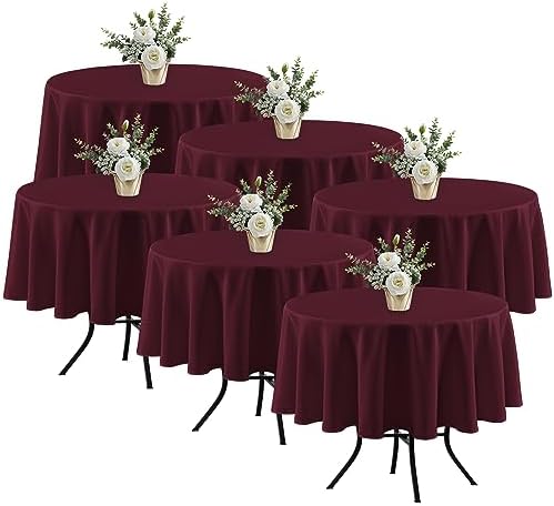 6 Pack Burgundy Tablecloths 70 Inch Round for 36"-48" Tables in Burgundy