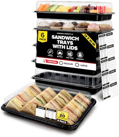6 Pack Catering Trays with Lids - 13" Serving Tray with Lid, Heavy Duty Recyclable Plastic Party Platters for