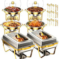 6 Pack Chafing Dish Set for Buffet - 4 Pack Gold Round 5QT & 2-Pack Stainless Steel 9QT Food Warmers with Glass
