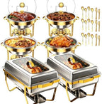 6 Pack Chafing Dish Set for Buffet - 4 Pack Gold Round 5QT & 2-Pack Stainless Steel 9QT Food Warmers with Glass
