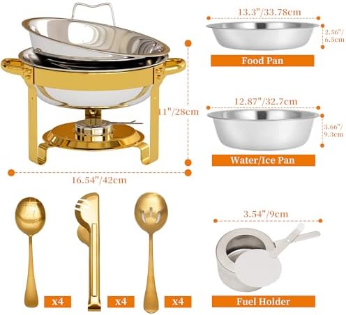 6 Pack Chafing Dish Set for Buffet - 4 Pack Gold Round 5QT & 2-Pack Stainless Steel 9QT Food Warmers with Glass, alternate