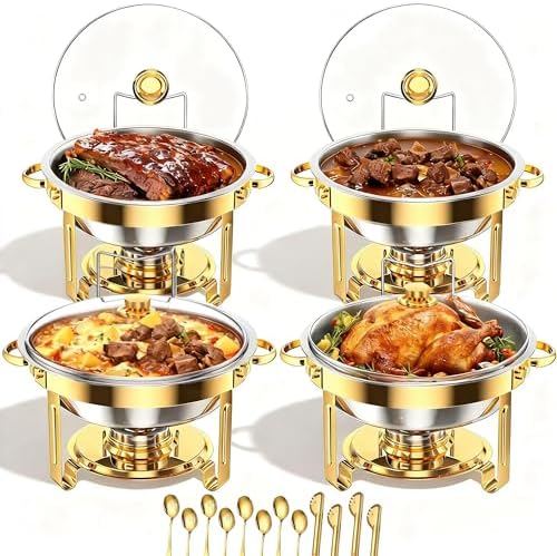 6 Pack Chafing Dish Set for Buffet - 4 Pack Gold Round 5QT & 2-Pack Stainless Steel 9QT Food Warmers with Glass, alternate