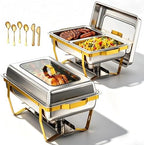 6 Pack Chafing Dish Set for Buffet - 4 Pack Gold Round 5QT & 2-Pack Stainless Steel 9QT Food Warmers with Glass, alternate