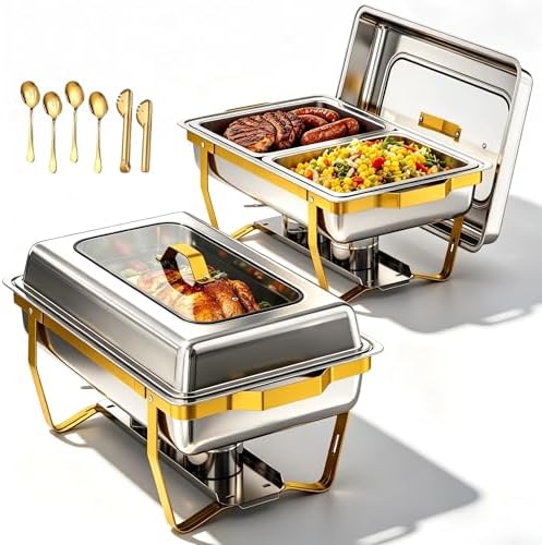 6 Pack Chafing Dish Set for Buffet - 4 Pack Gold Round 5QT & 2-Pack Stainless Steel 9QT Food Warmers with Glass, alternate