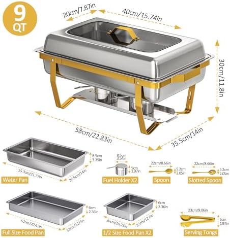 6 Pack Chafing Dish Set for Buffet - 4 Pack Gold Round 5QT & 2-Pack Stainless Steel 9QT Food Warmers with Glass, alternate