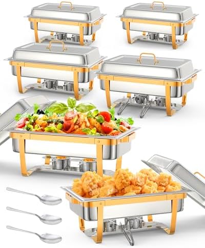 6 Pack Chafing Dishes for Buffet, Stainless Steel Catering Chafer with Lids, Pans & Fuel Holder, 8QT Food