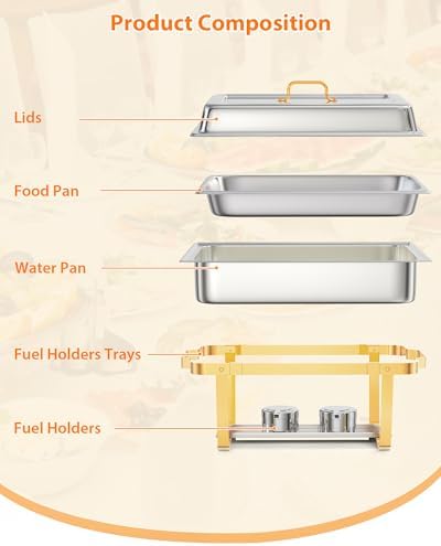 6 Pack Chafing Dishes for Buffet, Stainless Steel Catering Chafer with Lids, Pans & Fuel Holder, 8QT Food, alternate view 3