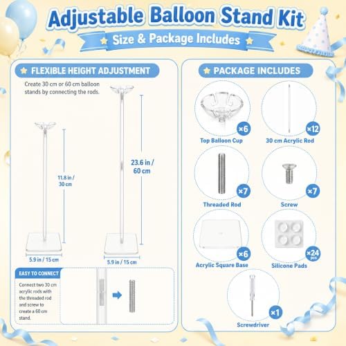 6-Pack Clear Acrylic Balloon Stand Kit, Adjustable 11.8-23.62inch Height Inches, Reusable Balloon Stick Holder, alternate