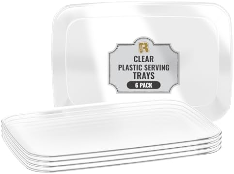 6 Pack Clear Plastic Serving Trays For Party, 12.75 x 8.25 In - Heavy Duty Plastic Trays For Food - Rectangular