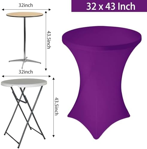 6 Pack Cocktail Spandex Tablecloth 32"x43" Purple Stretch Square Corners Cocktail Table Cover High Top Round, alternate view