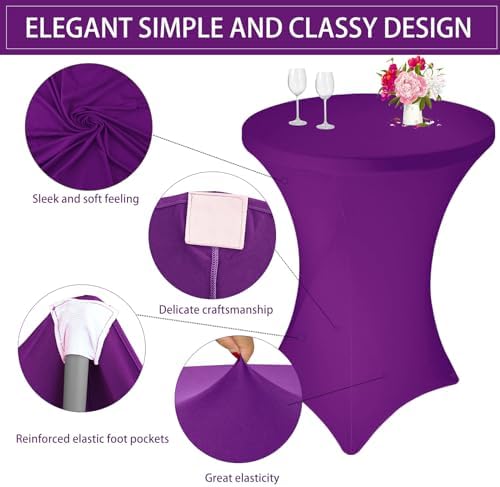 6 Pack Cocktail Spandex Tablecloth 32"x43" Purple Stretch Square Corners Cocktail Table Cover High Top Round, alternate view