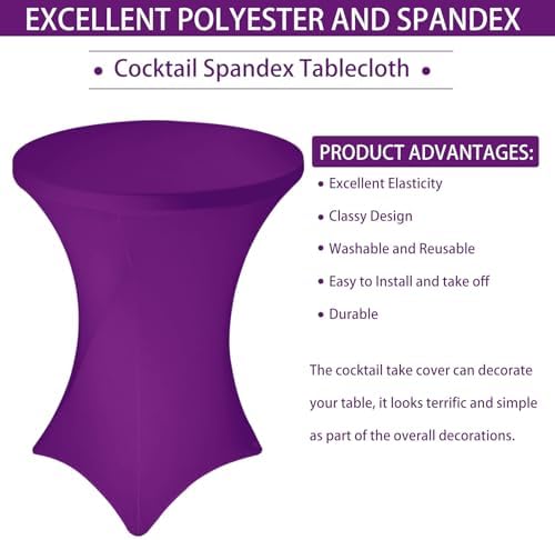 6 Pack Cocktail Spandex Tablecloth 32"x43" Purple Stretch Square Corners Cocktail Table Cover High Top Round, alternate view