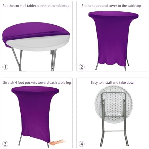 6 Pack Cocktail Spandex Tablecloth 32"x43" Purple Stretch Square Corners Cocktail Table Cover High Top Round, alternate view