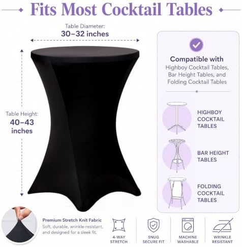 6 Pack Cocktail Tablecloth Bar Top Table Covers Round Black Spandex in Black, alternate view 3