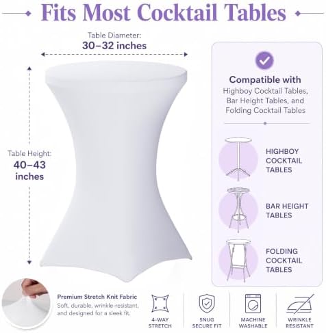 6 Pack Cocktail Tablecloth Bar Top Table Covers Round White Spandex in White, alternate view 3