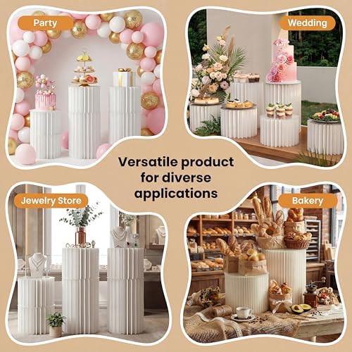 6-Pack Cream White Cylinder Stands For Party, Foldable Cardboard Columns with Acrylic Plates, Multi-Height, alternate view 5