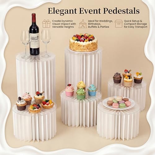 6-Pack Cream White Cylinder Stands For Party, Foldable Cardboard Columns with Acrylic Plates, Multi-Height, alternate view 6