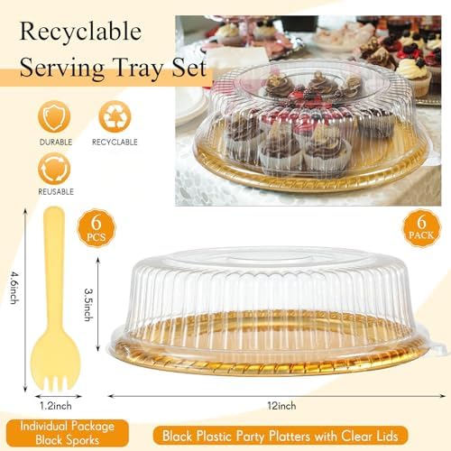6 Pack Disposable Catering Trays with Lids for Party, 12 Inch, Gold, Yellow in 12.4 x 9.45 x 2.76 Inch in black, alternate