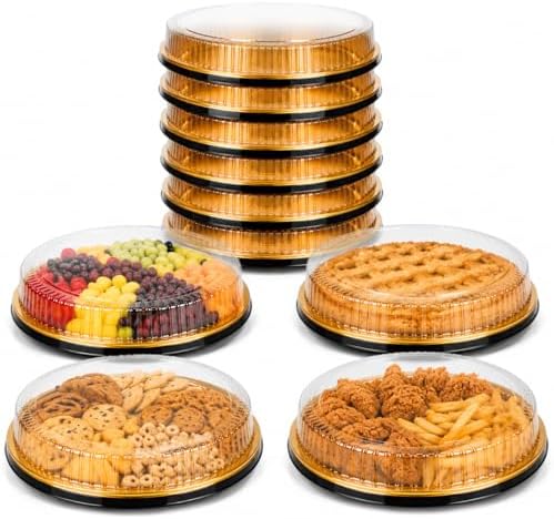 6 Pack Disposable Plastic Serving Trays with Clear Lids, 12 Inch Round Gold Sushi Trays, Party Platters, Pie