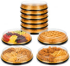 6 Pack Disposable Plastic Serving Trays with Clear Lids, 12 Inch Round Gold Sushi Trays, Party Platters, Pie