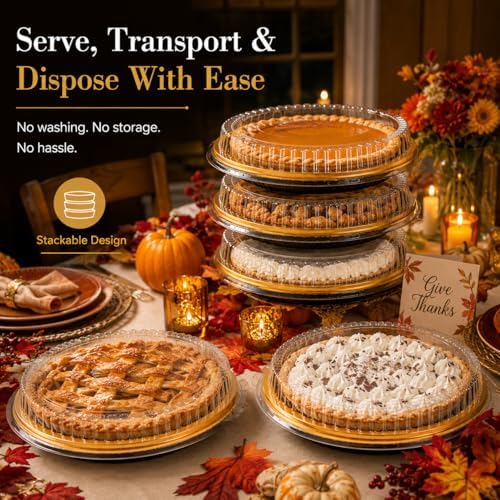 6 Pack Disposable Plastic Serving Trays with Clear Lids, 12 Inch Round Gold Sushi Trays, Party Platters, Pie, alternate view