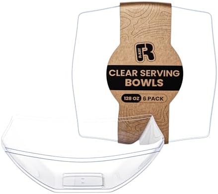 6 Pack Extra Large Square Serving Bowl - 128 Ounce Plastic Serving Bowls For Entertaining - Clear Plastic Bowls