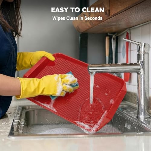 6 Pack Fast Food Serving Trays with Side Handles, 17" x 12" Commercial Cafeteria Plastic Trays, Stackable for, alternate view