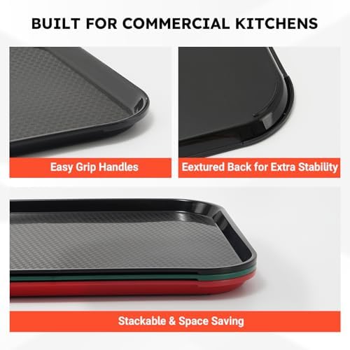 6 Pack Fast Food Serving Trays with Side Handles, 17" x 12" Commercial Cafeteria Plastic Trays, Stackable for, alternate view