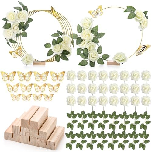 6 Pack Floral Hoop Centerpieces Table Decorations Kit Include 6 Metal Wreath Ring with 6 Wood Base 50 Rose
