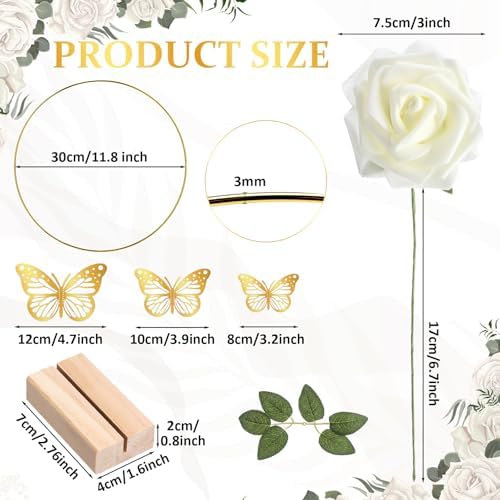 6 Pack Floral Hoop Centerpieces Table Decorations Kit Include 6 Metal Wreath Ring with 6 Wood Base 50 Rose, alternate view 3