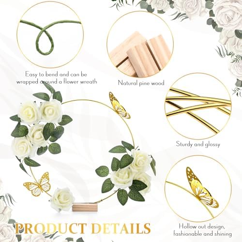 6 Pack Floral Hoop Centerpieces Table Decorations Kit Include 6 Metal Wreath Ring with 6 Wood Base 50 Rose, alternate view 4
