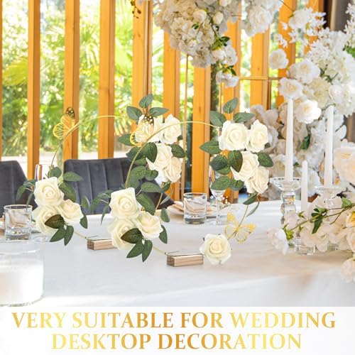 6 Pack Floral Hoop Centerpieces Table Decorations Kit Include 6 Metal Wreath Ring with 6 Wood Base 50 Rose, alternate view 6
