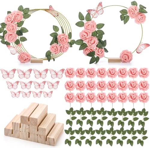 6 Pack Floral Hoop Centerpieces Table Decorations Kit Include 6 Metal Wreath Ring with 6 Wood Base 50 Rose