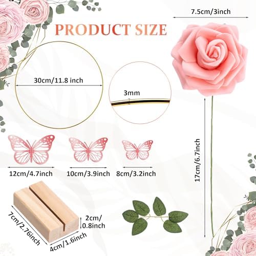 6 Pack Floral Hoop Centerpieces Table Decorations Kit Include 6 Metal Wreath Ring with 6 Wood Base 50 Rose, alternate view 2