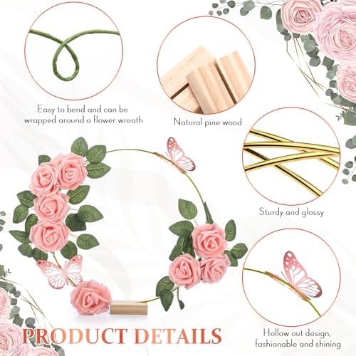 6 Pack Floral Hoop Centerpieces Table Decorations Kit Include 6 Metal Wreath Ring with 6 Wood Base 50 Rose, alternate view 3
