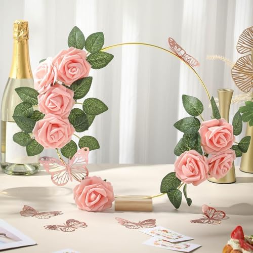 6 Pack Floral Hoop Centerpieces Table Decorations Kit Include 6 Metal Wreath Ring with 6 Wood Base 50 Rose, alternate view 4