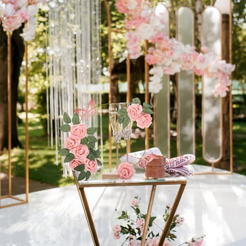 6 Pack Floral Hoop Centerpieces Table Decorations Kit Include 6 Metal Wreath Ring with 6 Wood Base 50 Rose, alternate view 6