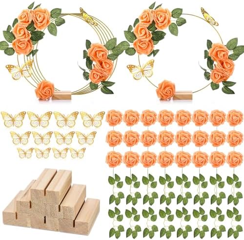 6 Pack Floral Hoop Centerpieces Table Decorations Kit Include 6 Metal Wreath Ring with 6 Wood Base 50 Rose