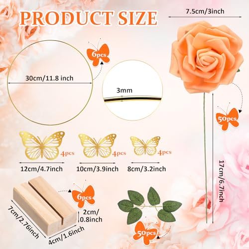 6 Pack Floral Hoop Centerpieces Table Decorations Kit Include 6 Metal Wreath Ring with 6 Wood Base 50 Rose, alternate view 2