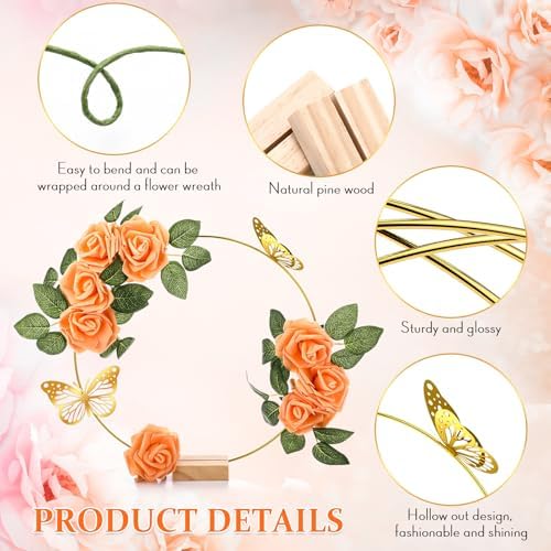 6 Pack Floral Hoop Centerpieces Table Decorations Kit Include 6 Metal Wreath Ring with 6 Wood Base 50 Rose, alternate view 3