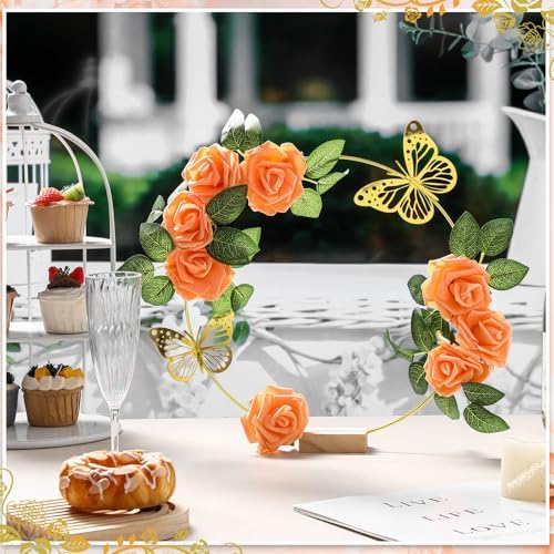 6 Pack Floral Hoop Centerpieces Table Decorations Kit Include 6 Metal Wreath Ring with 6 Wood Base 50 Rose, alternate view 4