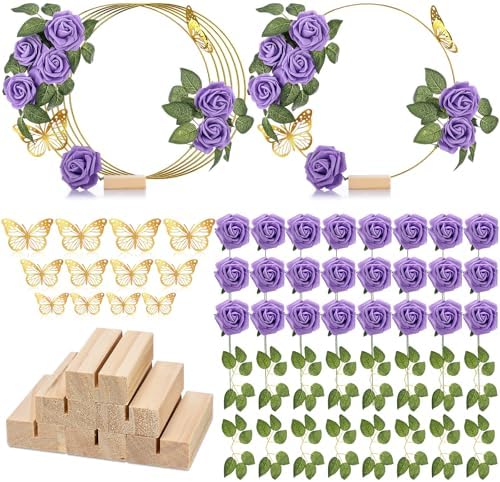 6 Pack Floral Hoop Centerpieces Table Decorations Kit Include 6 Metal Wreath Ring with 6 Wood Base 50 Rose