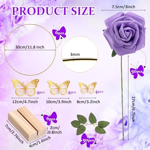 6 Pack Floral Hoop Centerpieces Table Decorations Kit Include 6 Metal Wreath Ring with 6 Wood Base 50 Rose, alternate view 2