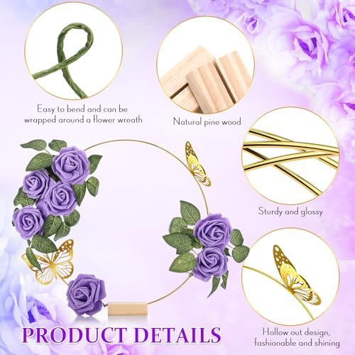 6 Pack Floral Hoop Centerpieces Table Decorations Kit Include 6 Metal Wreath Ring with 6 Wood Base 50 Rose, alternate view 3